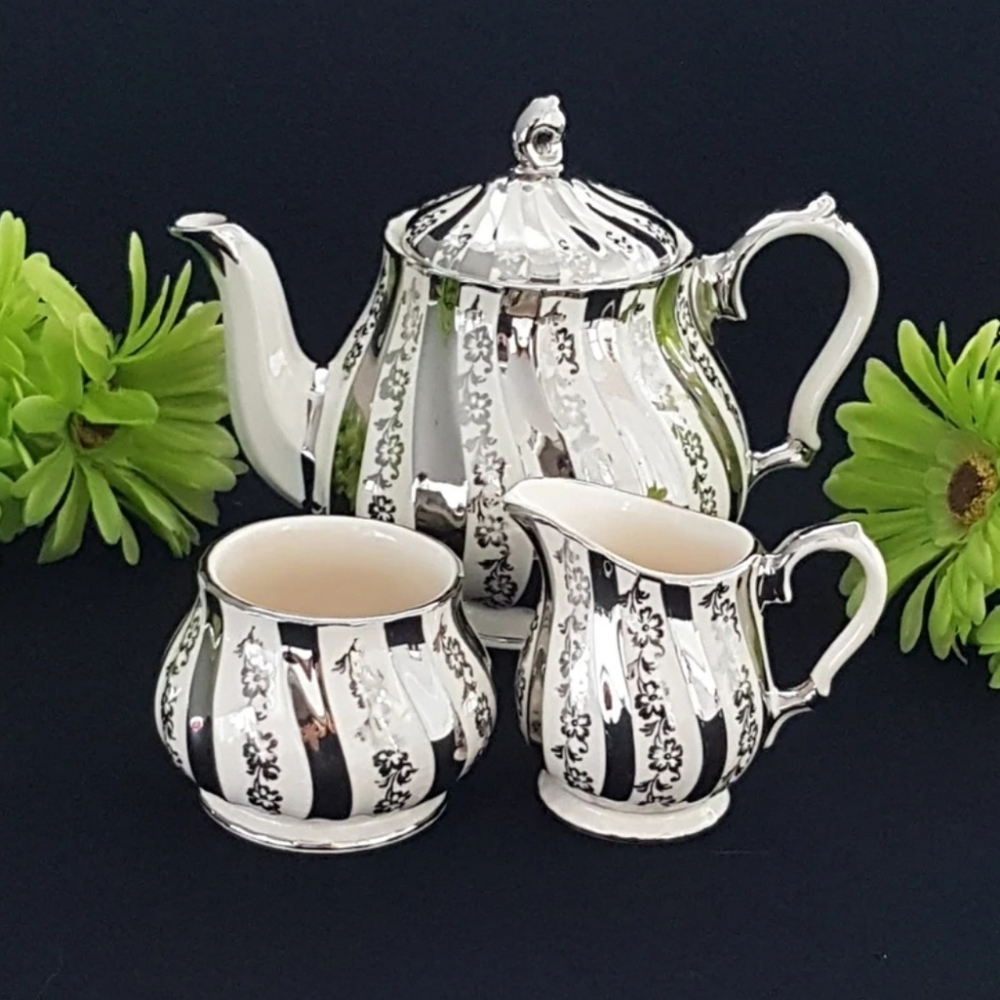 Vintage Sadler Tea Set: Silver Floral Overlay, England Tea Pot Cream & Sugar